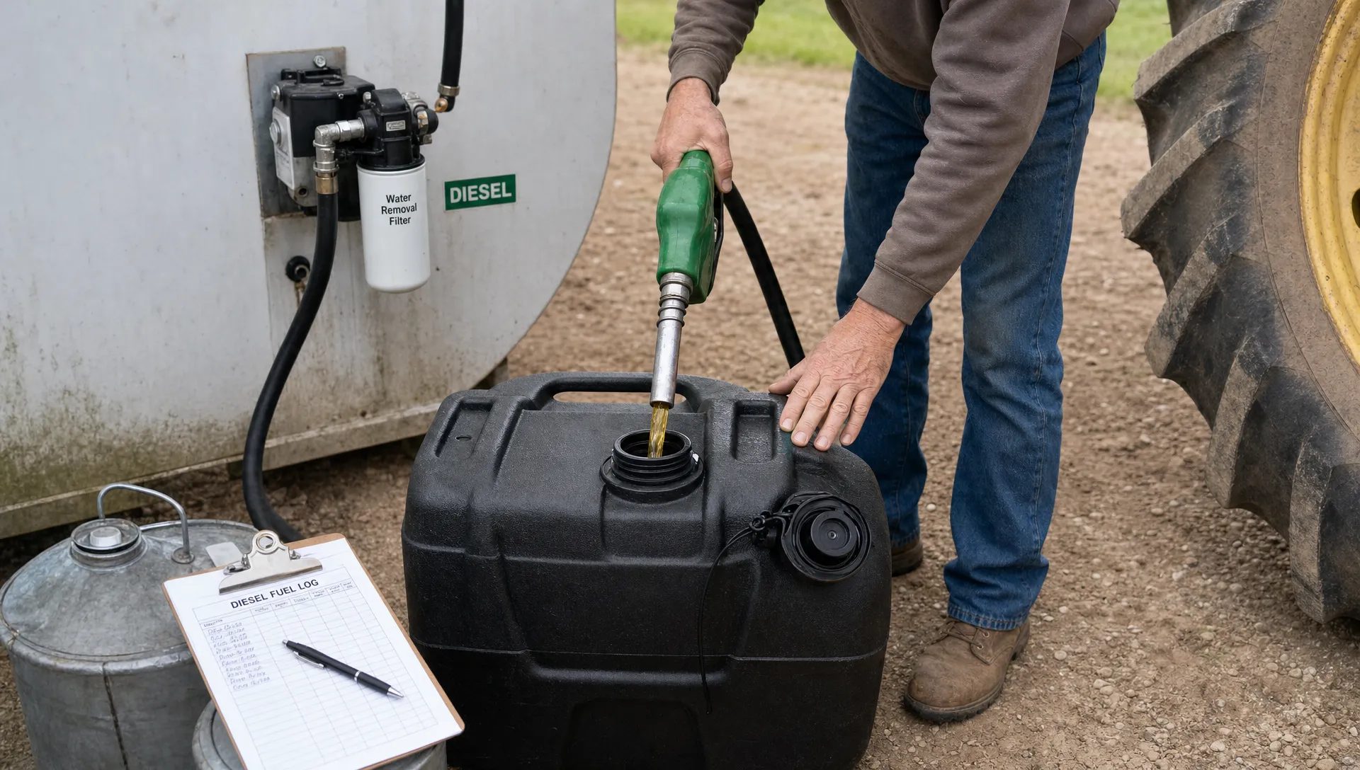 Hands refuel equipment from a bulk tank while a gallon log and clipboard support a fuel tax claim.