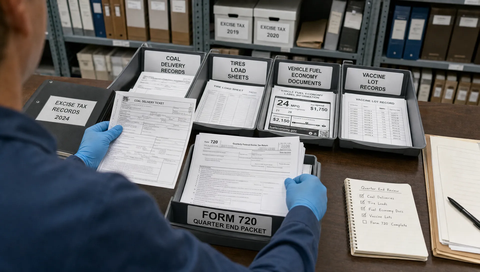 Hands sort coal, tire, vehicle, and vaccine records into a Form 720 filing packet on a workbench.