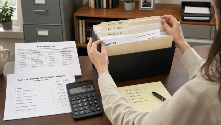 Hands sort deposit records into dated folders beside EFTPS printouts and a Form 720 worksheet during reconciliation.