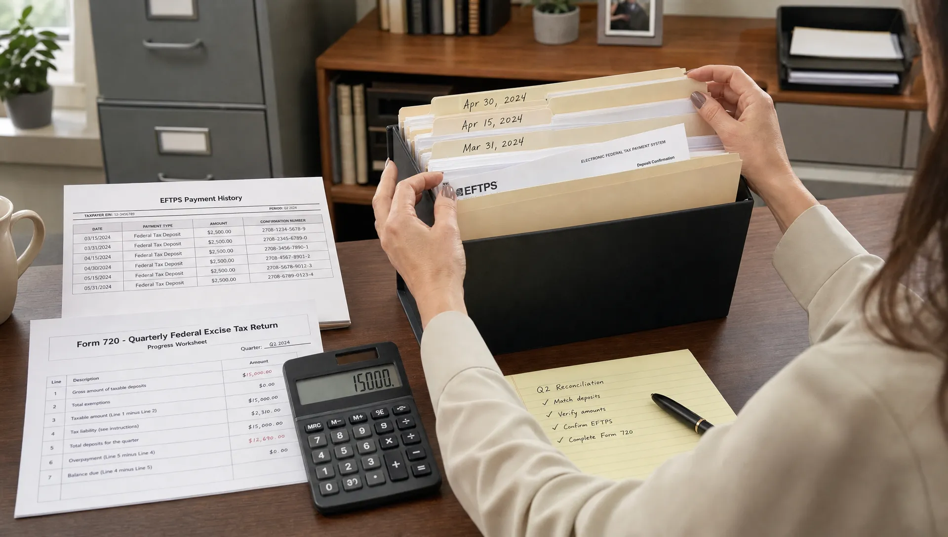 Hands sort deposit records into dated folders beside EFTPS printouts and a Form 720 worksheet during reconciliation.