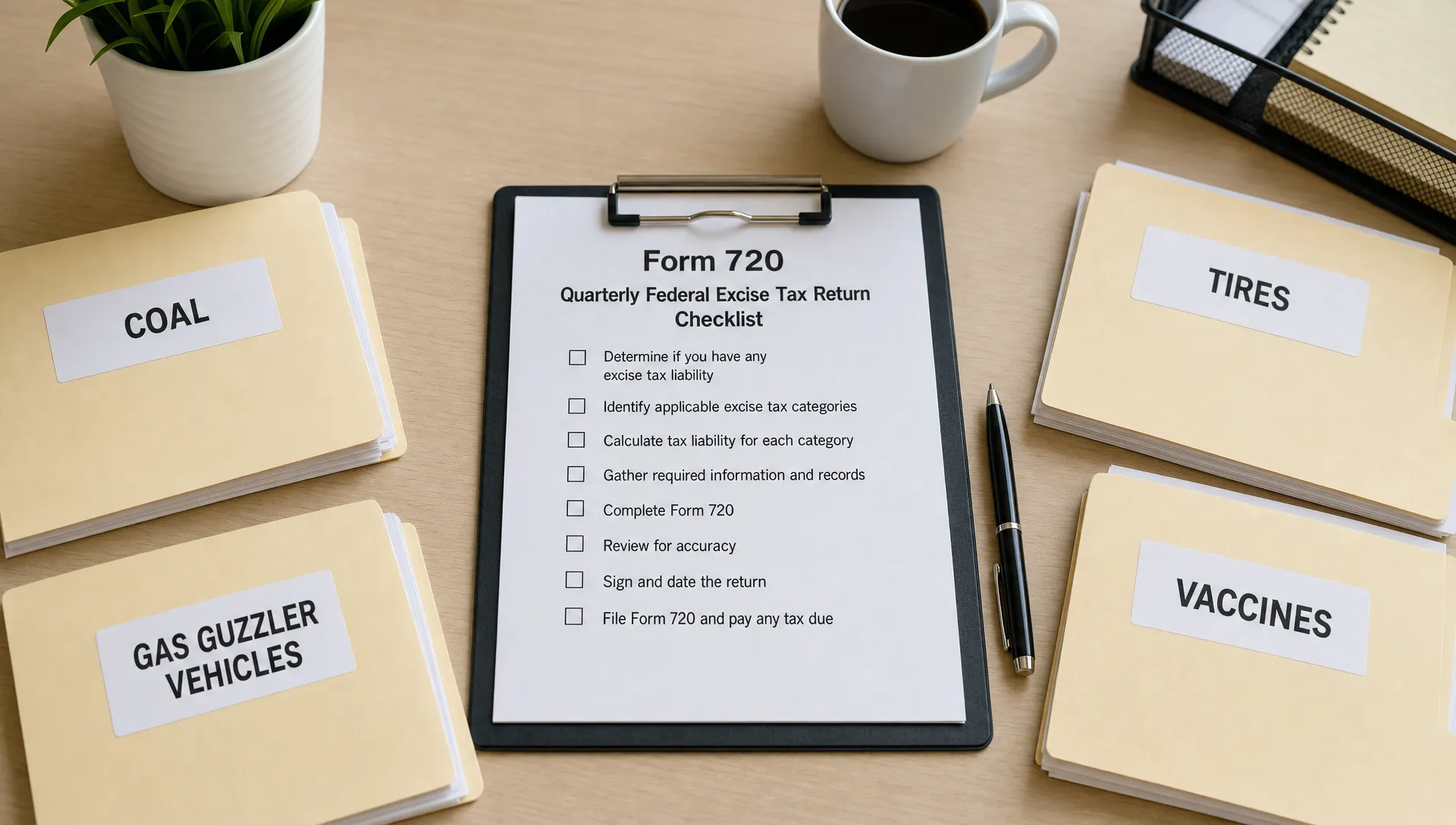Labeled folders for coal, tires, gas guzzler vehicles, and vaccines sit around a central Form 720 checklist on a clean desk.