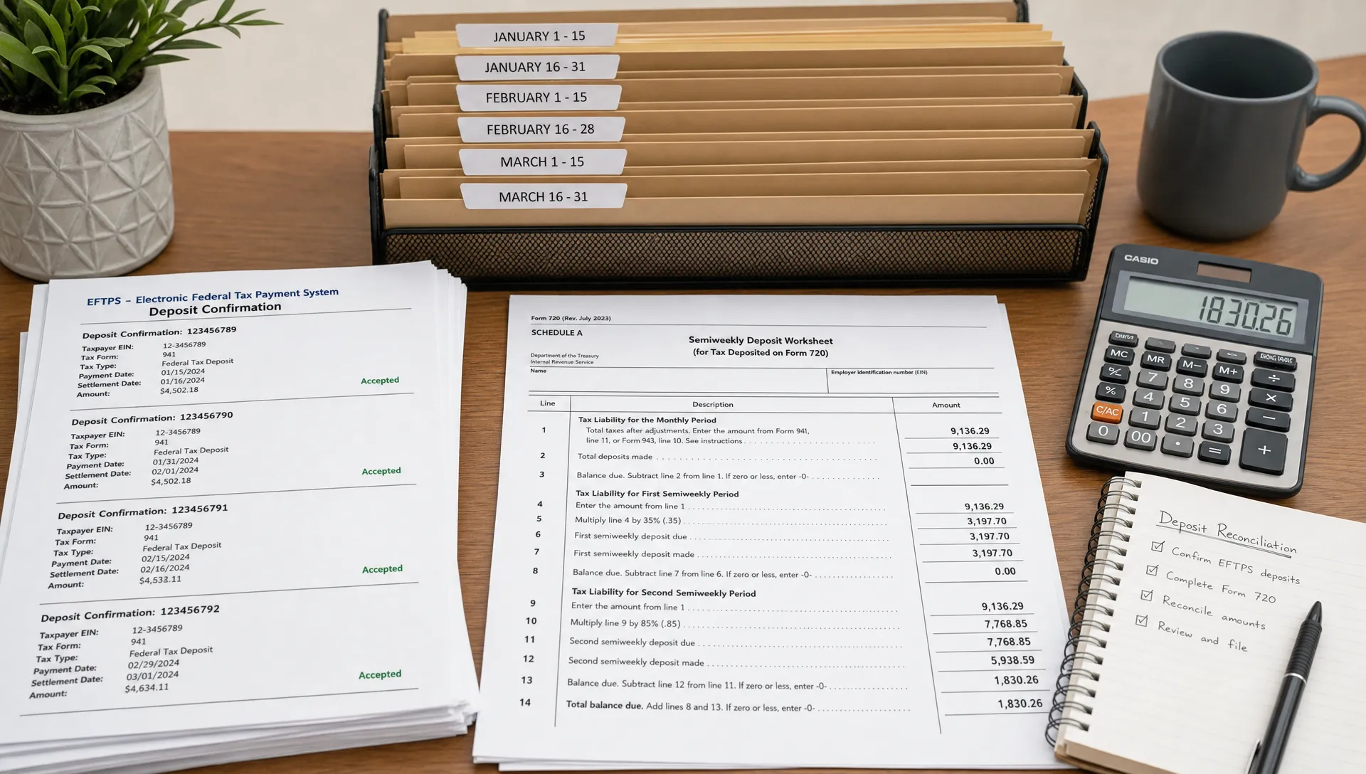 Printed EFTPS confirmations, Form 720 Schedule A worksheets, a calculator, and organized semi-monthly folders show a deposit reconciliation workspace before filing.